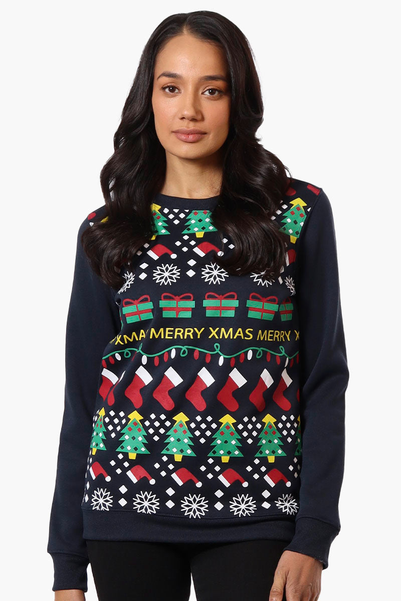 Ugly Christmas Sweater Xmas Print Christmas Sweater - Navy - Womens Christmas Sweaters - Fairweather