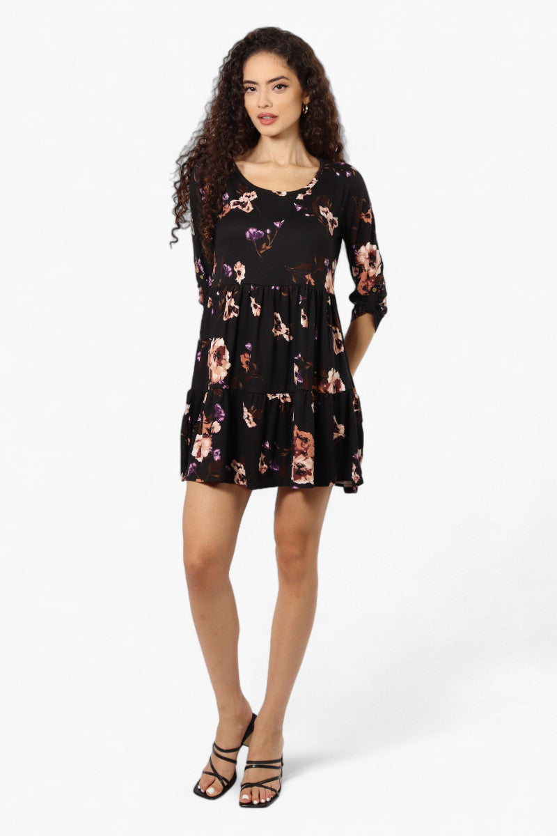 Majora Floral Scoop Neck Roll Up Sleeve Day Dress - Black - Womens Day Dresses - Fairweather