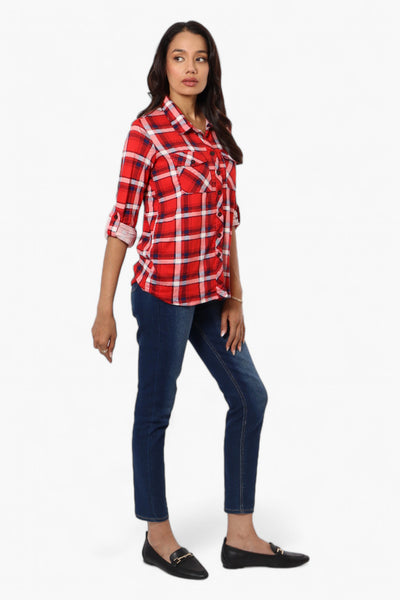 Urbanology Plaid Roll Up Sleeve Button Up Shirt - Red - Womens Shirts & Blouses - Fairweather