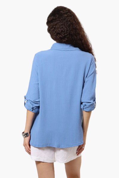 Urbanology Roll Up Sleeve Button Down Shirt - Blue - Womens Shirts & Blouses - Fairweather