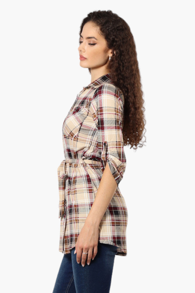 Urbanology Belted Plaid Button Down Shirt - Beige - Womens Shirts & Blouses - Fairweather