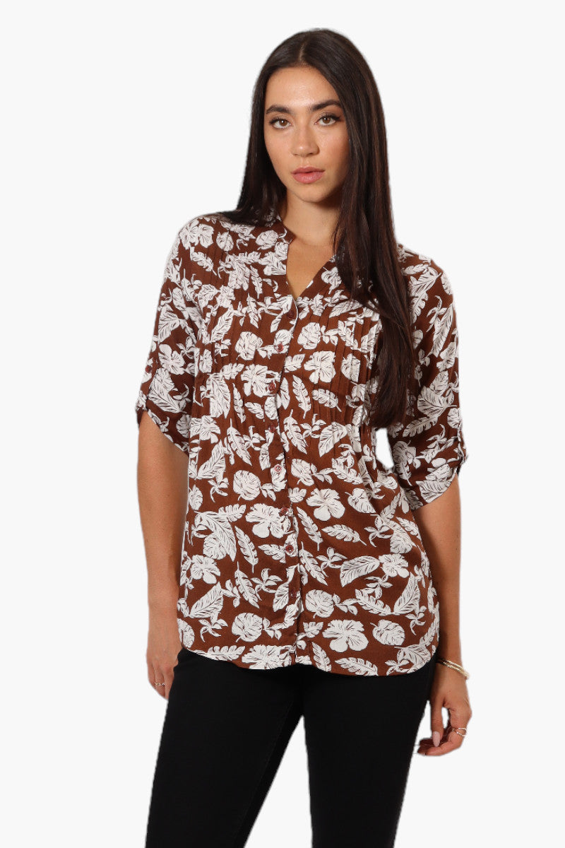 International INC Company Patterned Tie Back Roll Up Sleeve Shirt - Brown - Womens Shirts & Blouses - Fairweather