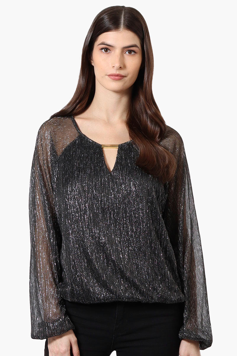 Limite Sheer Sleeve Lurex Keyhole Blouse - Black - Womens Shirts & Blouses - Fairweather