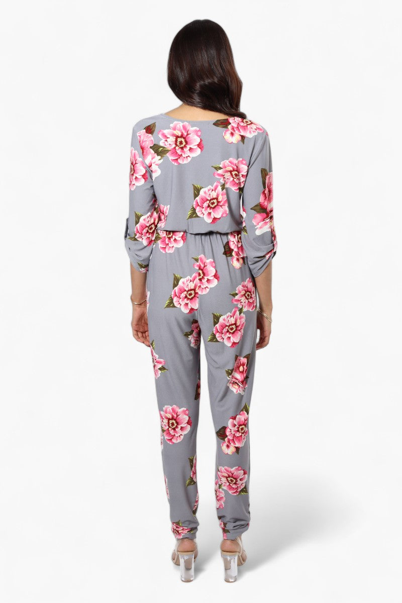 International INC Company Floral Roll Up Sleeve Jumpsuit - Grey - Womens Jumpsuits & Rompers - Fairweather