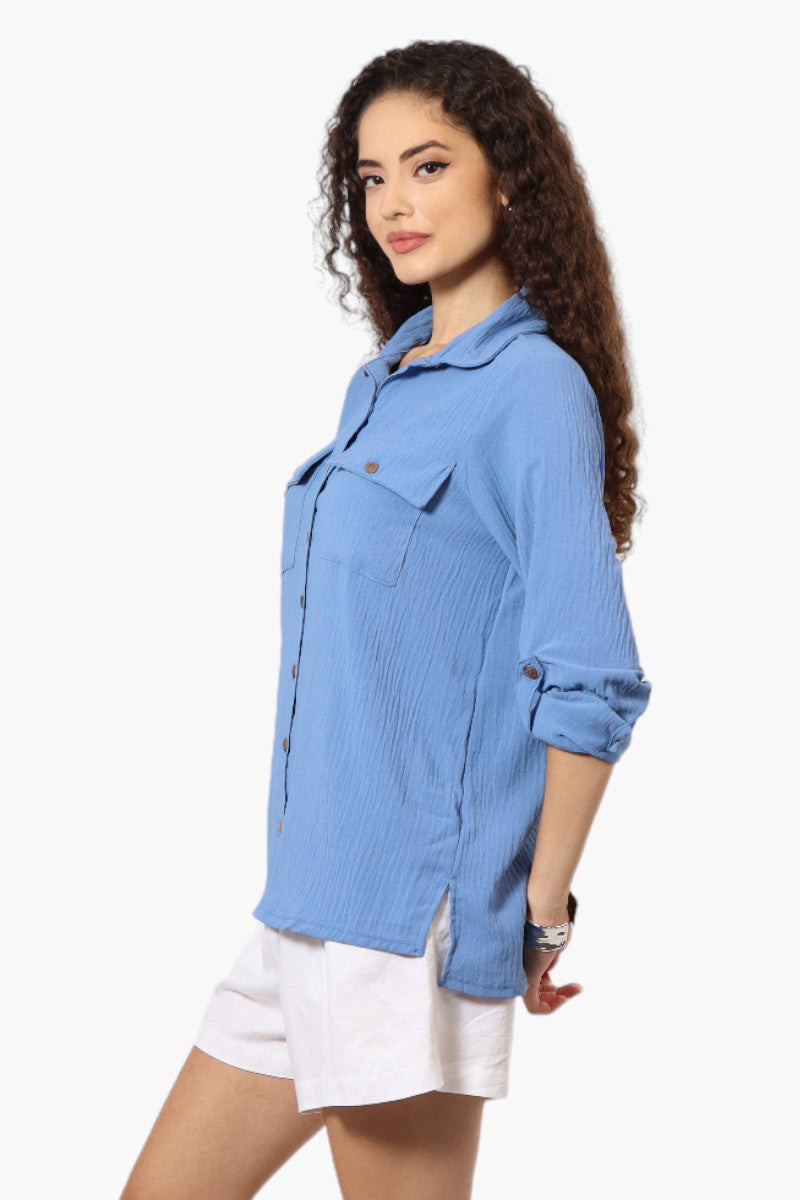 Urbanology Roll Up Sleeve Button Down Shirt - Blue - Womens Shirts & Blouses - Fairweather