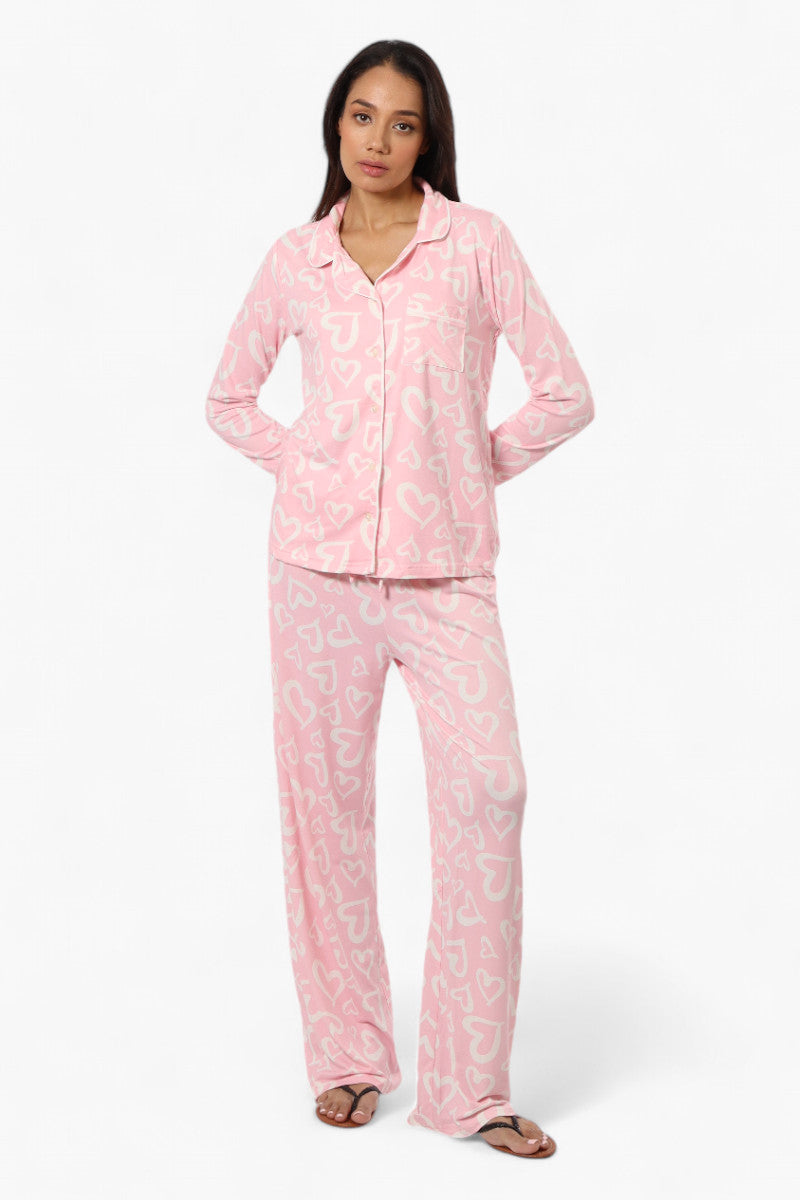 Canada Weather Gear Heart Pattern Button Down Pajama Top Pink