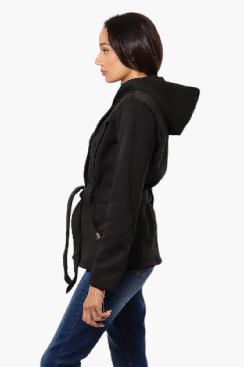 Fahrenheit Belted Double Breasted Hooded Lightweight Jacket - Black - Womens Lightweight Jackets - Fairweather