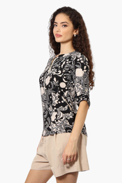 Beechers Brook Floral Half Zip Roll Up Sleeve Shirt - Black - Womens Shirts & Blouses - Fairweather