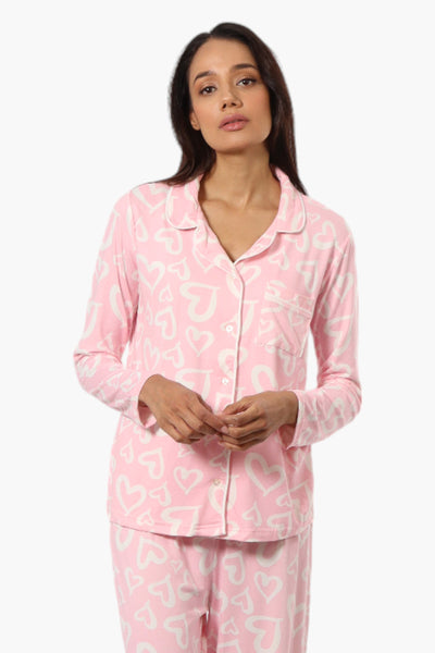 Canada Weather Gear Heart Pattern Button Down Pajama Top - Pink - Womens Pajamas - Fairweather