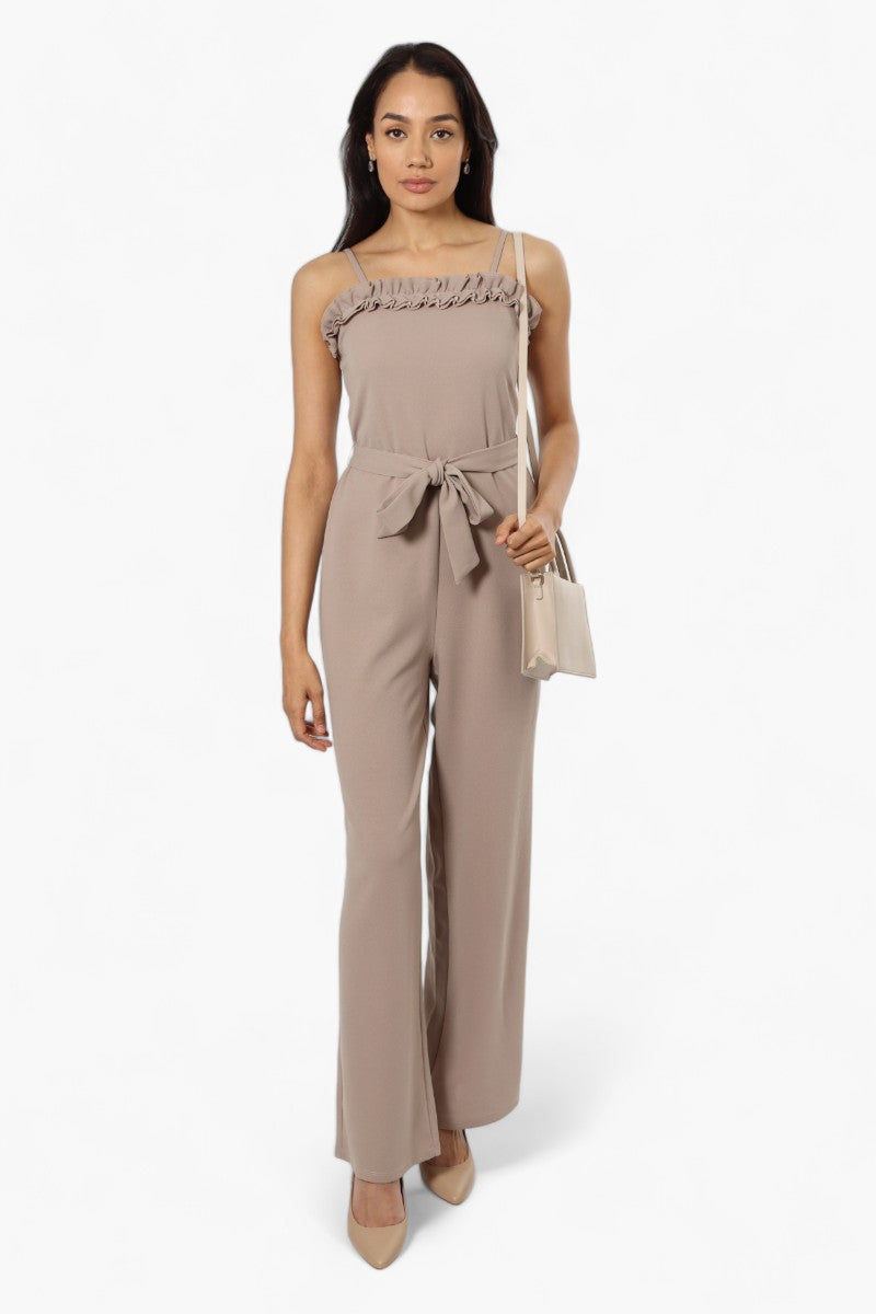 Limite Belted Ruffle Detail Jumpsuit - Beige - Womens Jumpsuits & Rompers - Fairweather