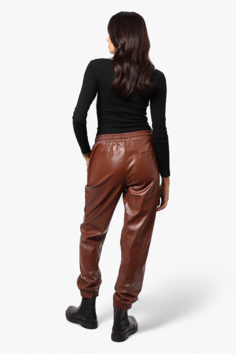 Limite Tie Waist Vegan Leather Jogger Pants Brown