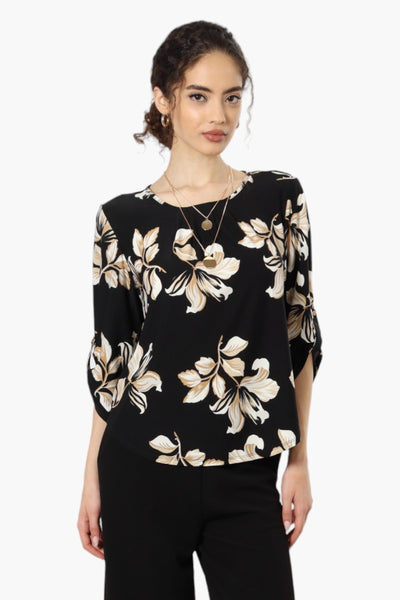 Beechers Brook Floral Roll Up Sleeve Necklace Blouse - Black - Womens Shirts & Blouses - Fairweather