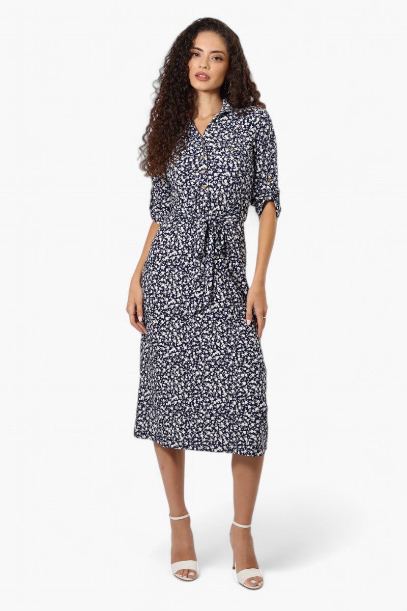 Beechers Brook Belted Floral Roll Up Sleeve Maxi Dress - Navy - Womens Maxi Dresses - Fairweather