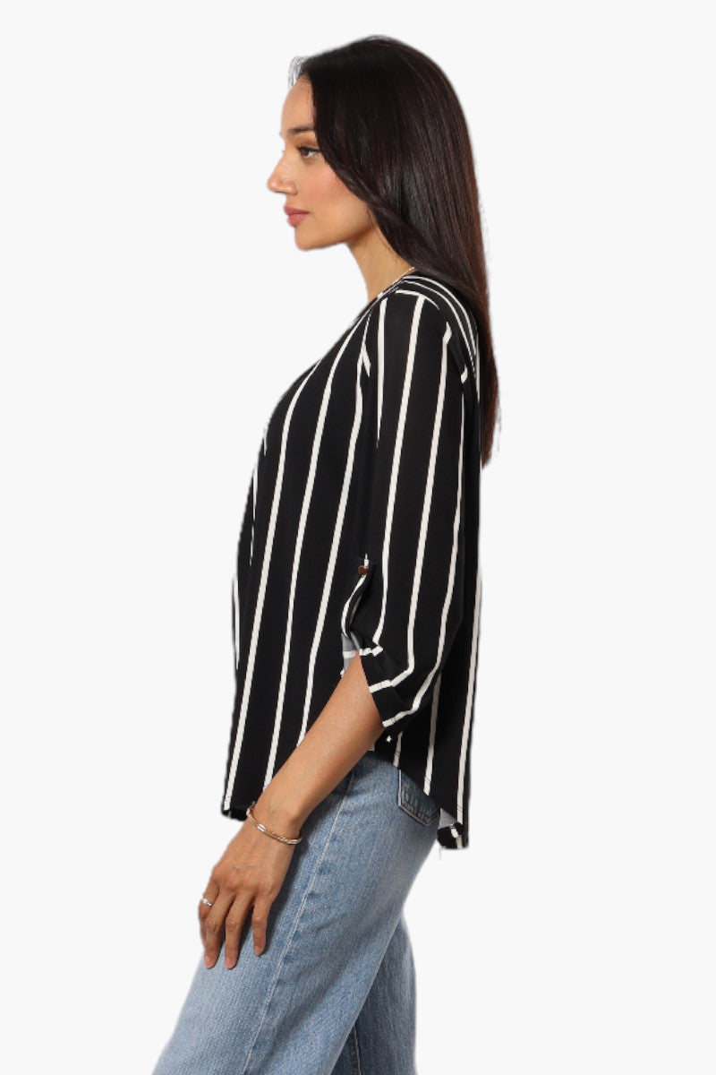 Beechers Brook Striped Roll Up Sleeve Necklace Blouse - Black - Womens Shirts & Blouses - Fairweather