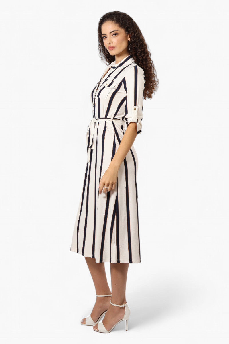 Beechers Brook Belted Striped Roll Up Sleeve Maxi Dress - White - Womens Maxi Dresses - Fairweather