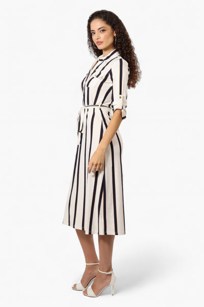 Beechers Brook Belted Striped Roll Up Sleeve Maxi Dress - White - Womens Maxi Dresses - Fairweather