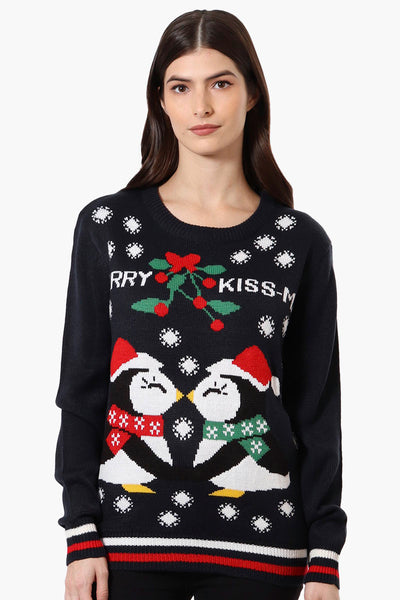 Ugly Christmas Sweater Merry Kiss-Mas Knit Christmas Sweater - Navy - Womens Christmas Sweaters - Fairweather