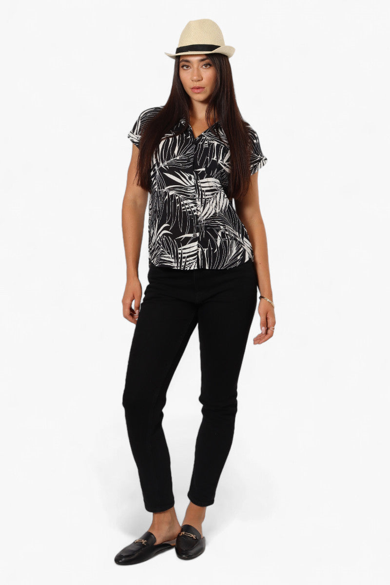 Majora Leaf Pattern Button Up Shirt - Black - Womens Shirts & Blouses - Fairweather